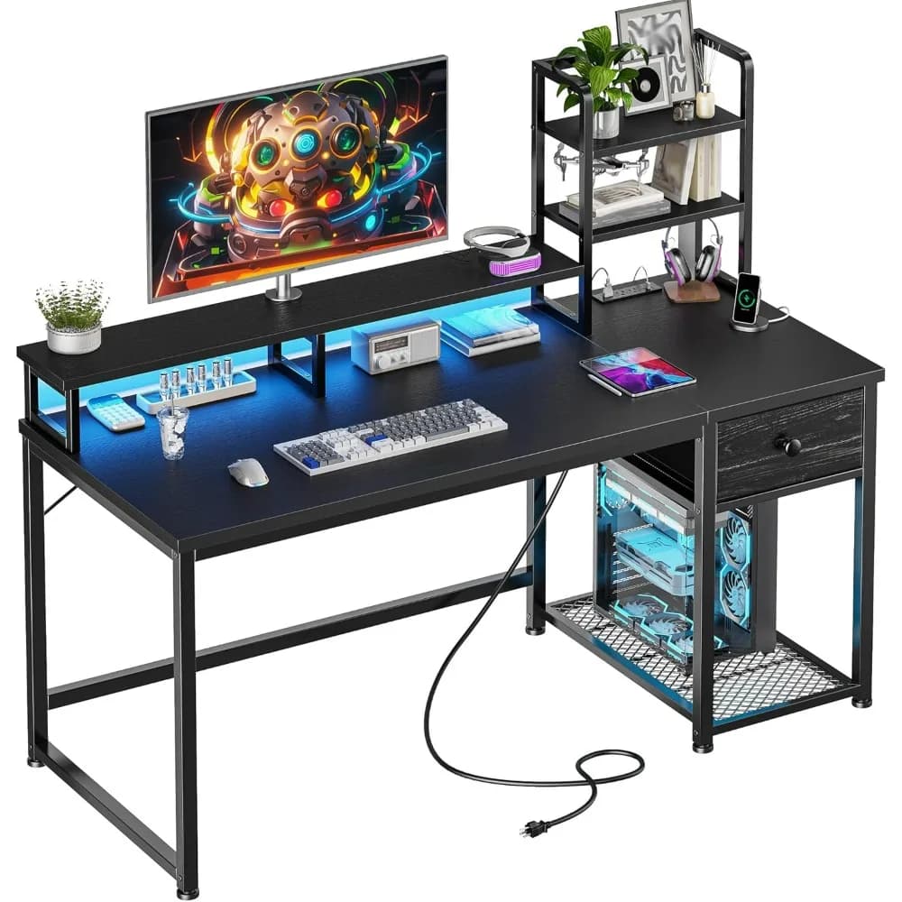 Scrivania per computer da 44 pollici con cassetti e cassetti, scrivania da gioco reversibile con ripiano per monitor, scrivanie per ufficio domestico con presa di corrente USB