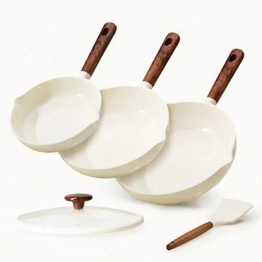 Free Shipping Nonstick Frying Pans Skillets, Ceramic Coating Non-Stick Frying Pans Set, 5 PCS, Healthy And , Induction Compatible, 8+9.5+11 Inch With Colander Lid And Spatula, Cream White
