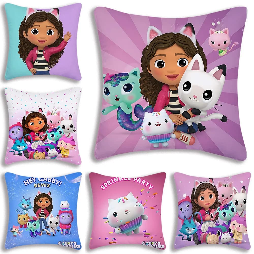 Cartoon Gabbys Kawaii Federe per cuscini Cartoon Divano Decorativo per la casa Stampa fronte-retro Breve peluche Fodera per cuscino carina
