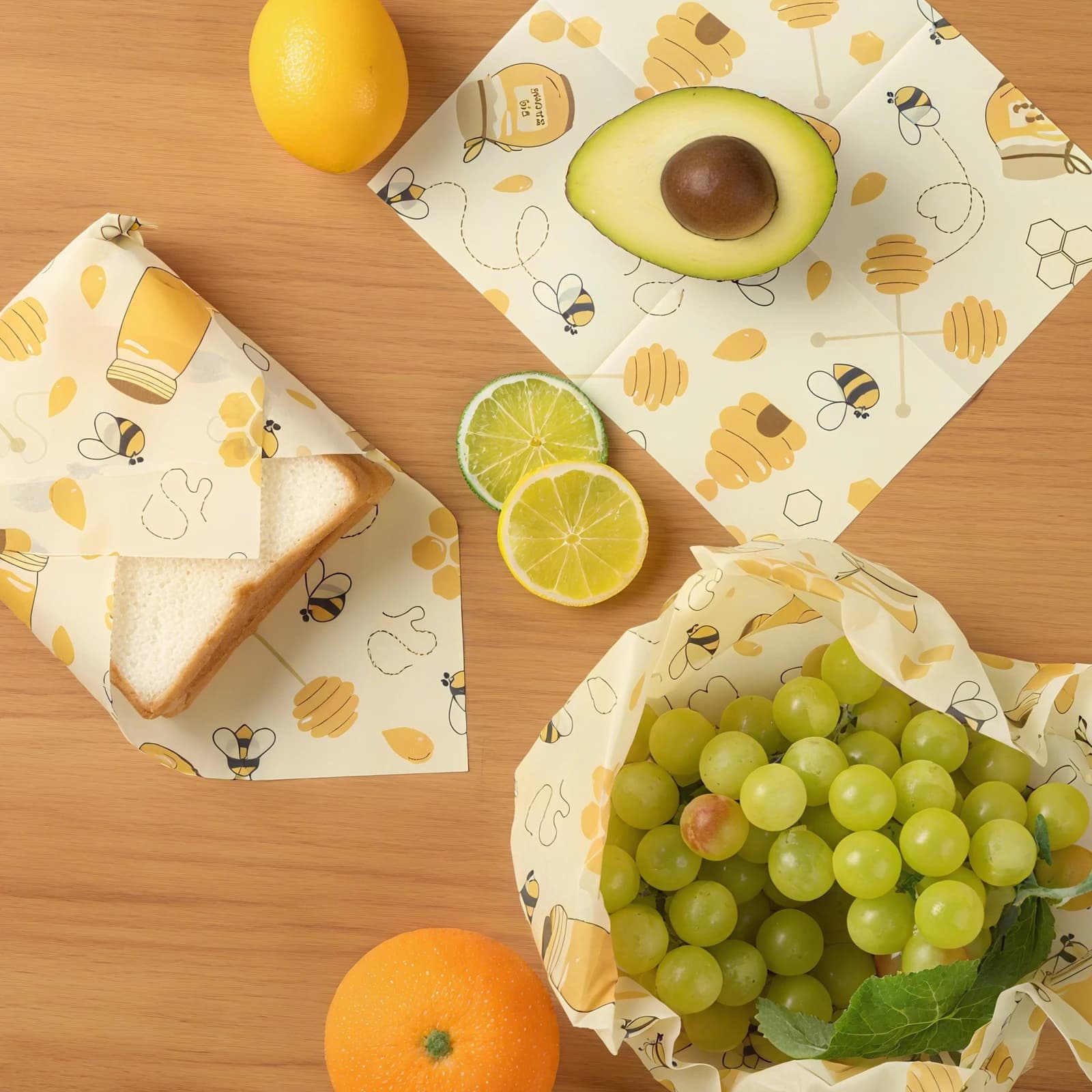 3 pezzi di involucri alimentari in cera d'api con motivo a ape, riutilizzabili per panini e conservazione in frigorifero, tessuto in cera d'api