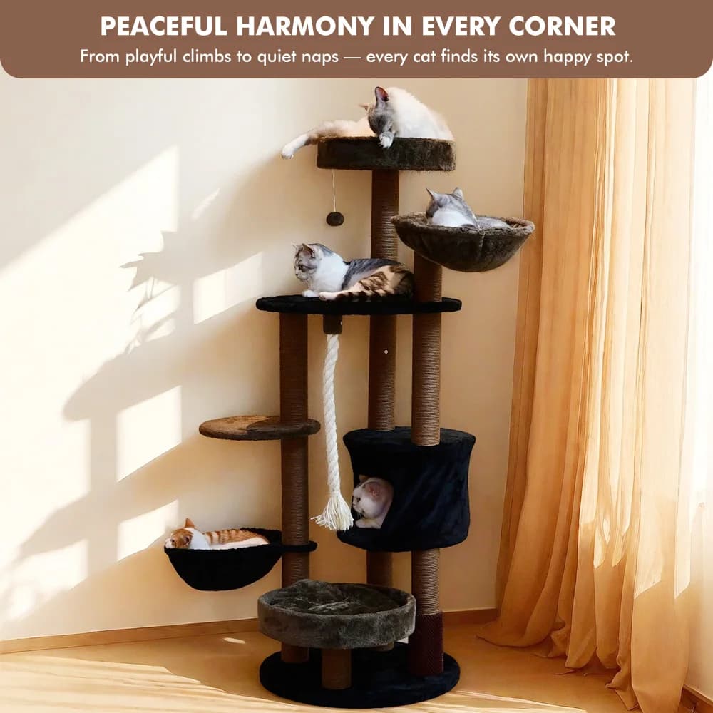 PET FULED 64.17" Cat Tree Multi-Level Tower with Scratching Posts Toys And Beds for Multi-Cat Families Black Brown