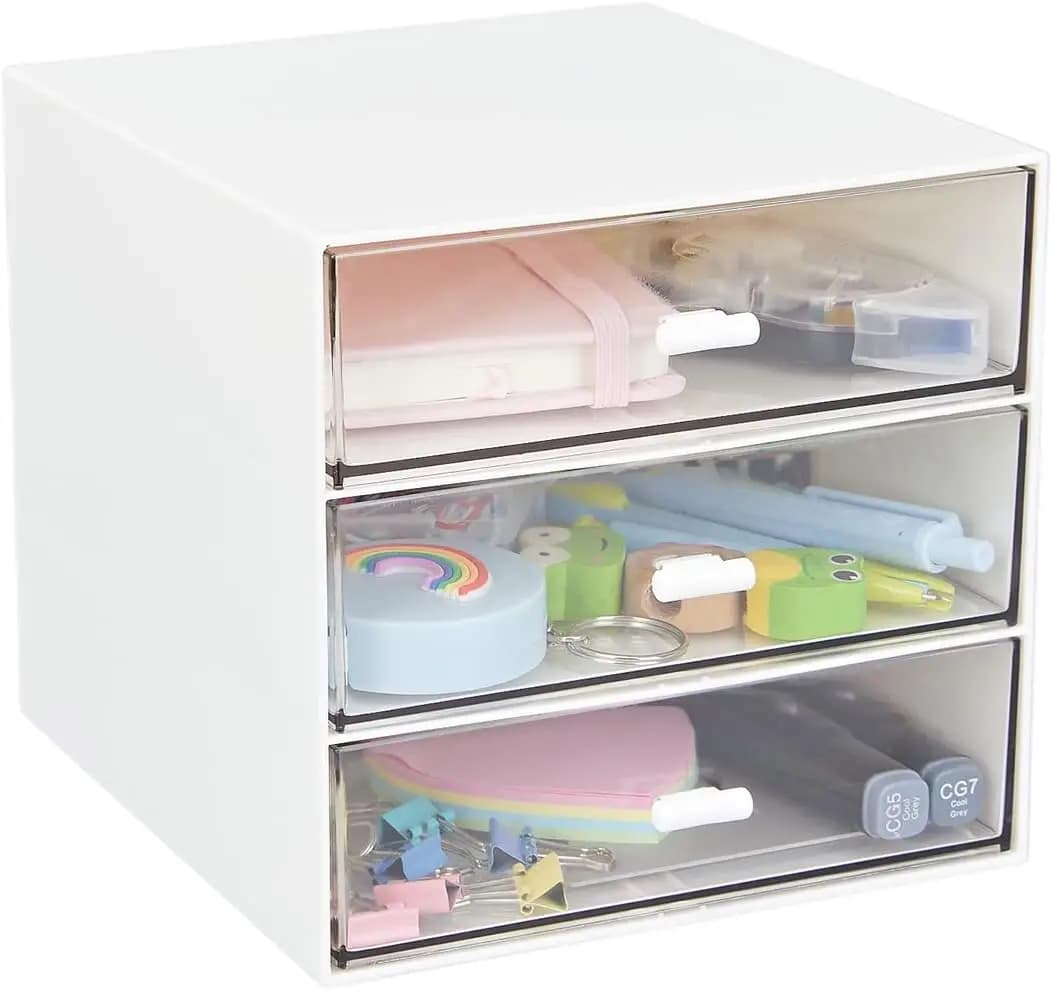Organizer da Scrivania in Plastica Trasparente con 3 Cassetti per Forniture da Ufficio, Penne, Pennarelli e Caricatori in Bianco