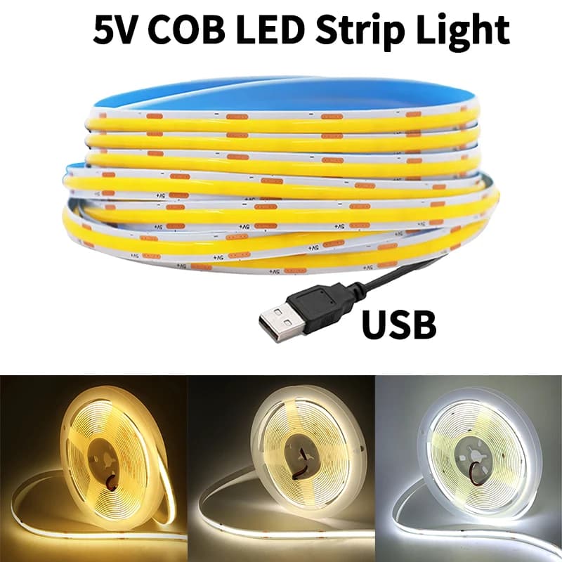 1~5m DC5V LED Strip With USB Power Adapter 320 LED /m Flexible Ribbon House Decoration TV Retro Illumination COB Light Strip
