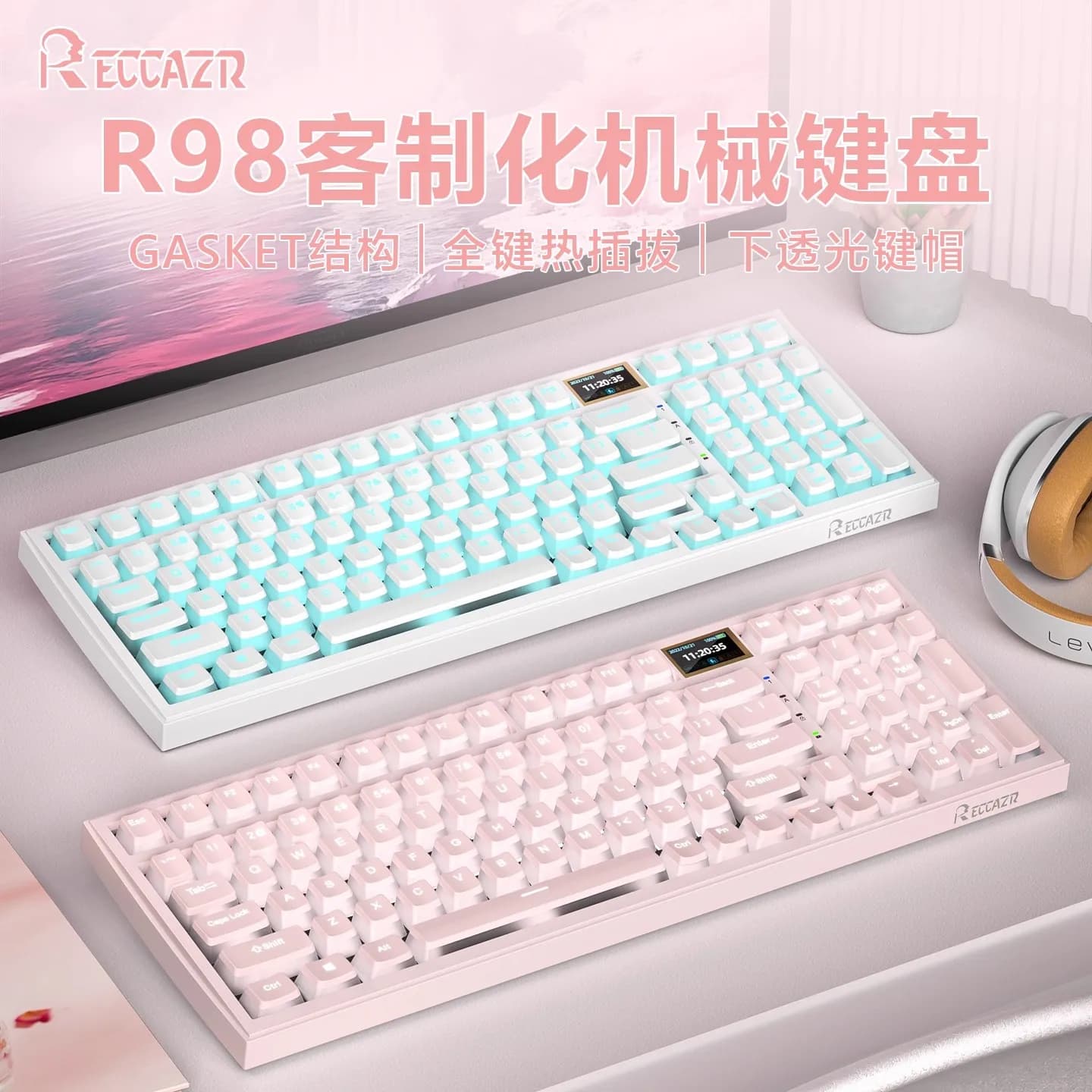 RECCAZR R98pro Schermo Tastiera meccanica wireless Guarnizione tri-modale 98 tasti Pudding Keycap Tastiera da gioco RGB hot swap personalizzata