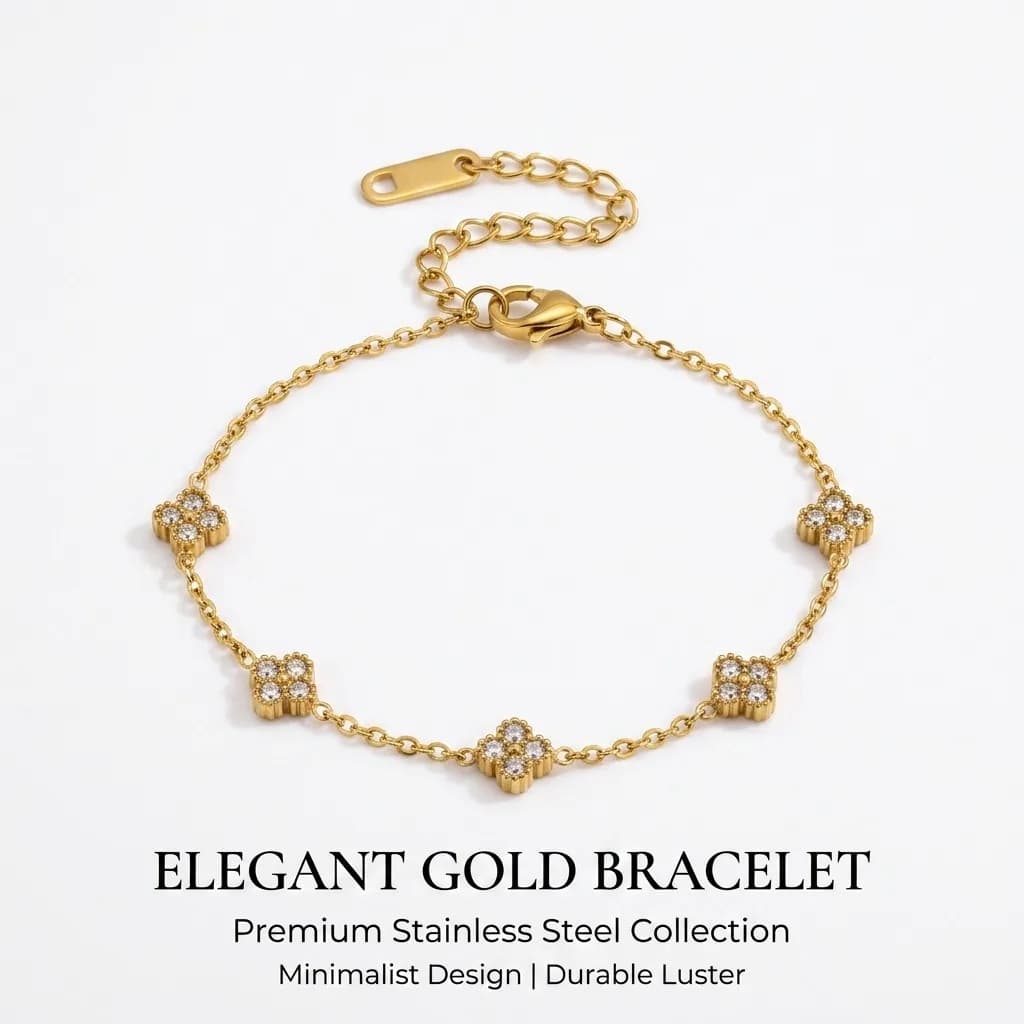 JP One Luxury Gold Color Flower Zircon Bracelet - Stainless Steel Jewelry for Women, Hypoallergenic Gift & Bangles Accessories