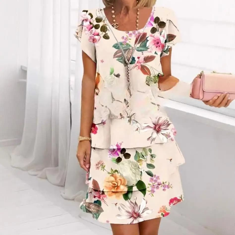 Elegant Short Printed Series Seasonal Women's Dress Chiffon Fabric A-Line Skirt Sleeveless round Neck Business Wear