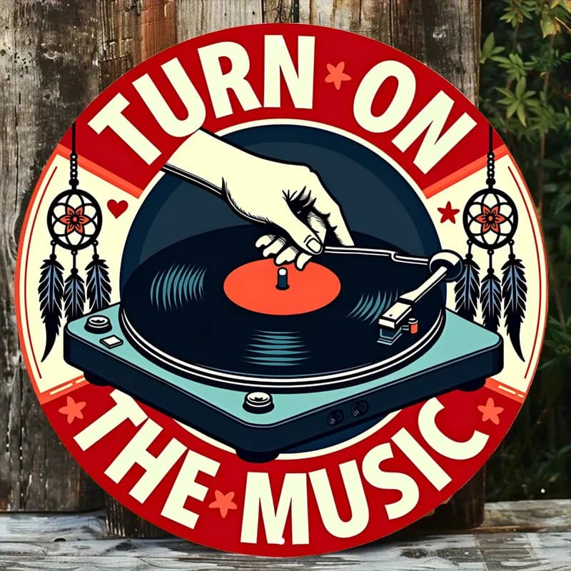 Retro "Turn On The Music" Turntable 2D Flat Tin Sign - Boho Dreamcatcher & Vinyl Record Themed Wall Decor for Music Room, Bar, S