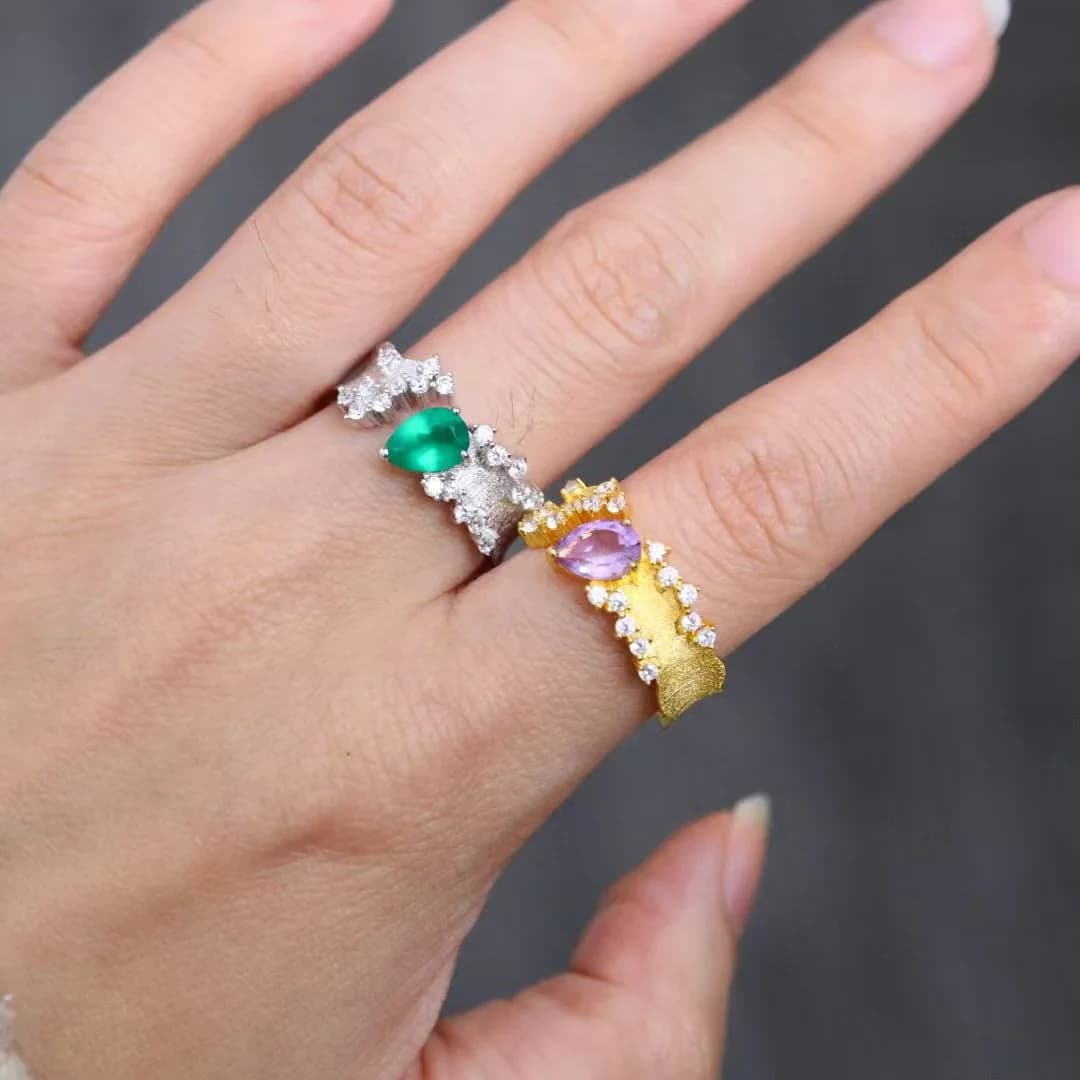 Moda 925 Argento Naturale Ametista/Agata Verde Anelli Aperti a Goccia Placcato Oro 18K Tulle Irregolare Matte Fasce Gioielli di Lusso
