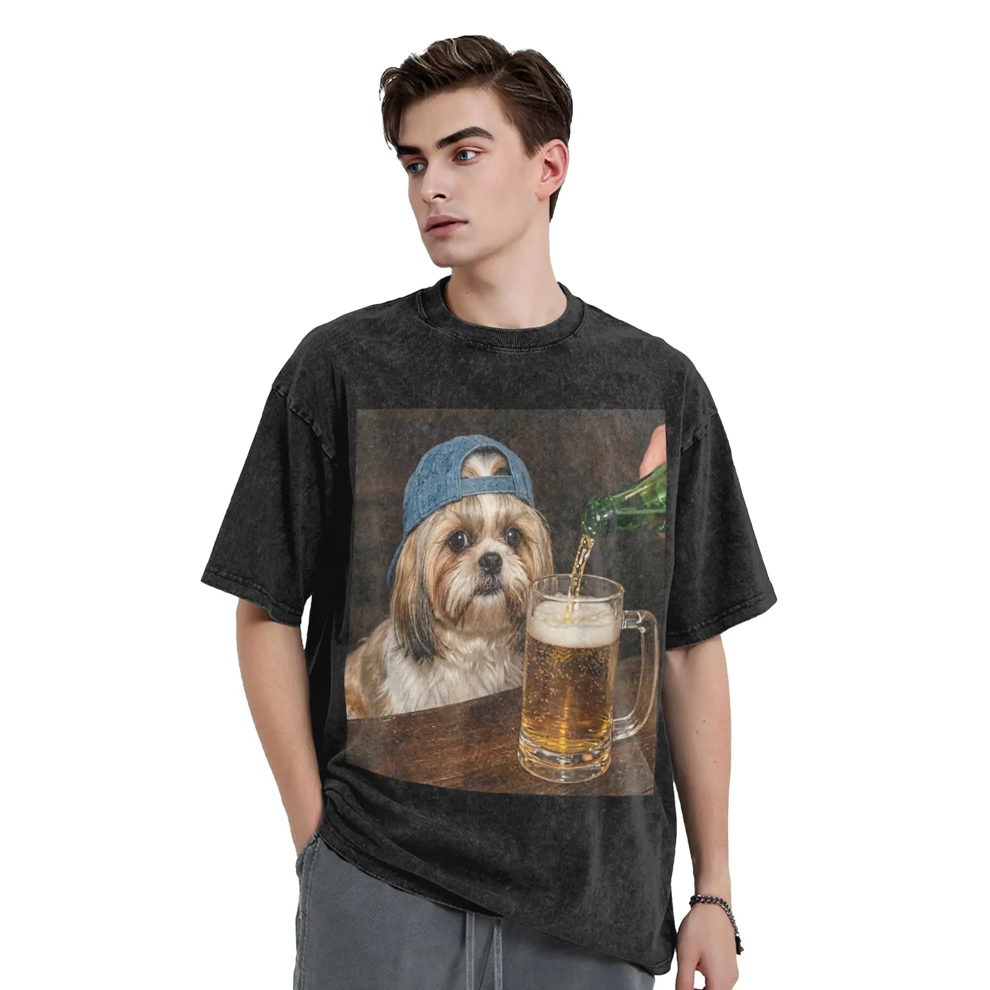 Shih Tzu Drinking Beer Washed T Shirts Streetwear Vintage T-Shirt Funny Dog Meme Tees for Men Women 100% Cotton Harajuku Graphic