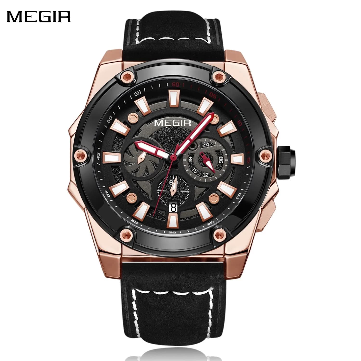 Orologio di Lusso da Uomo Megir con Display Luminoso di Giorno e Data, Doppio Fuso Orario, Sveglia, Orologio al Quarzo da Uomo