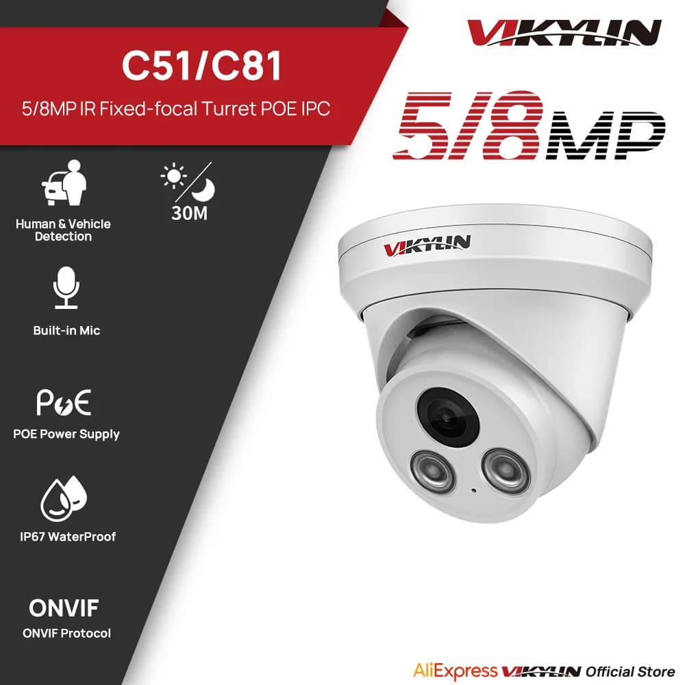 Telecamera IP VIKYLIN 5/8MP con Luce IR per Esterni, POE H.265 Onvif, Grandangolo 2.8mm, Rilevamento Umanoide AI, Telecamera di Sorveglianza CCTV per Casa
