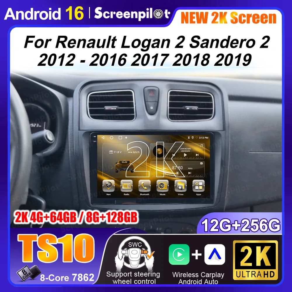 Android 16 per Renault Logan 2 Sandero 2 2012 - 2016 2017 2018 2019 Carplay Auto Radio Multimedia Player Stereo GPS WIFI DPS