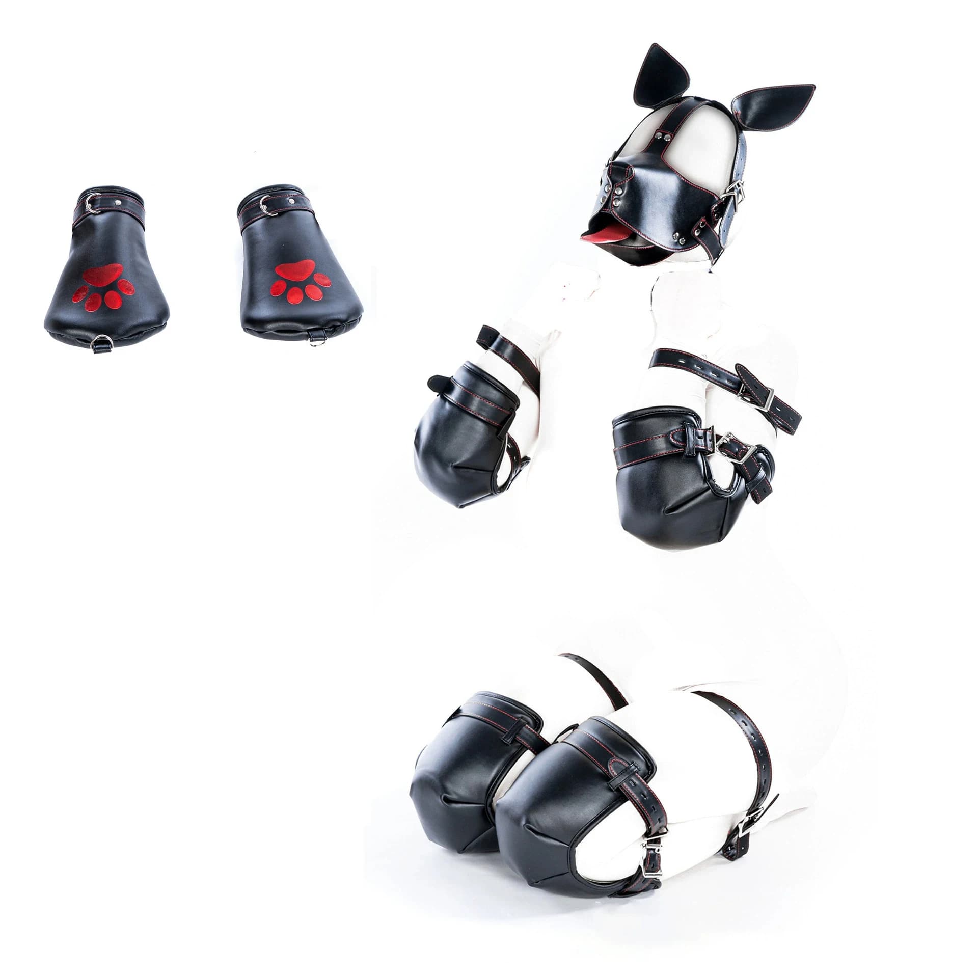 PU Leather Puppy Play Bondage Set Dog Mask Hood Mittens Handcuffs Anklet Collar Leash Chain Restraints BDSM Sex Toys for Couples