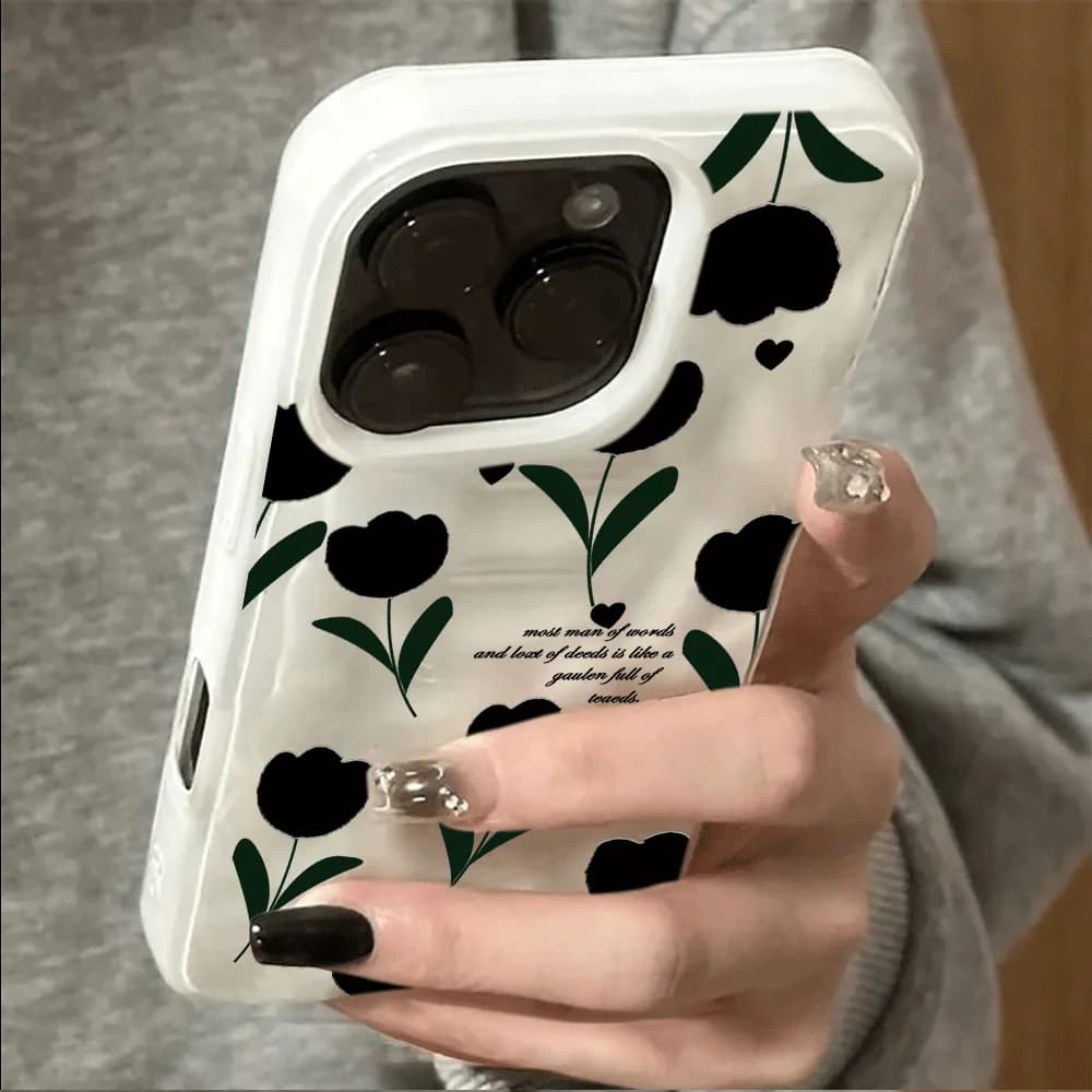 Black Tulip Meteorite Pattern Case For iPhone 17 16 15 14 13 12 11 Pro Max 14 15 16 Plus 17 Air Shockproof Soft TPU Back Cover