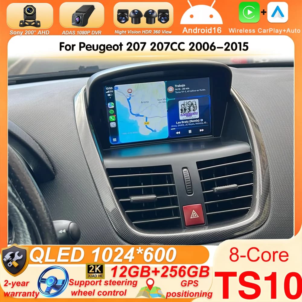 Wireless CarPlay Android 16 Auto Radio For Peugeot 207 207CC 2006-2015 4G WIFI DSP Car Multimedia Player Navigation Android 15