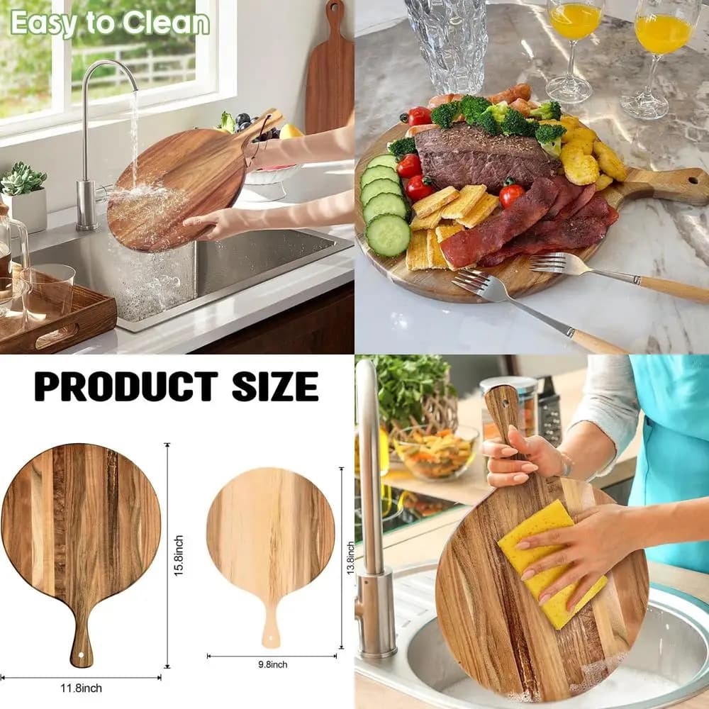 Round cutters in acacia wood with handles, 2 sizes: 12x16 and 14x10, trays for meats, cutting board for kitchen U