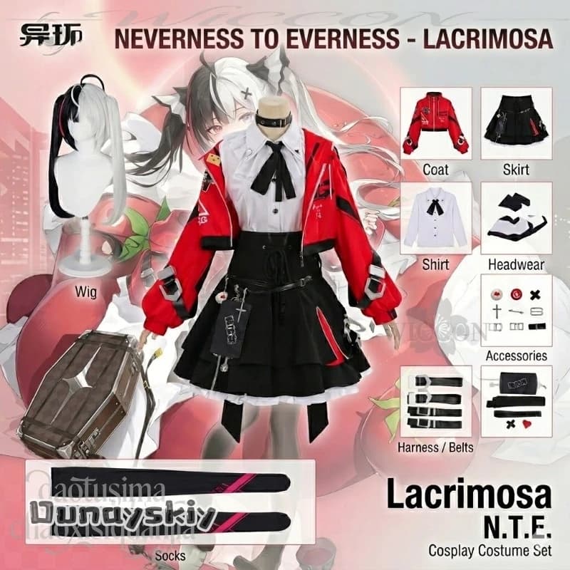 Costume Cosplay Anime Game Neverness To Everness Lacrimosa, Giacca Corta Rossa Y2K Punk, Abito Nero Goth Lolita Jirai Kei per Halloween