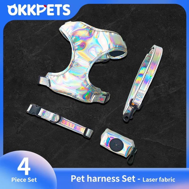 OKKPETS Set di imbracatura e guinzaglio per cani impermeabili olografiche con logo personalizzato al 100% in rete riflettente per uso notturno