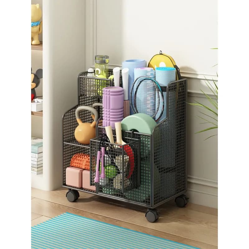 oo-Yoga Mat Storage Basket Holder with Wheels Home Gym Equipment Organizer Rack Sports Gear Storage Basket Basketball Badminton
