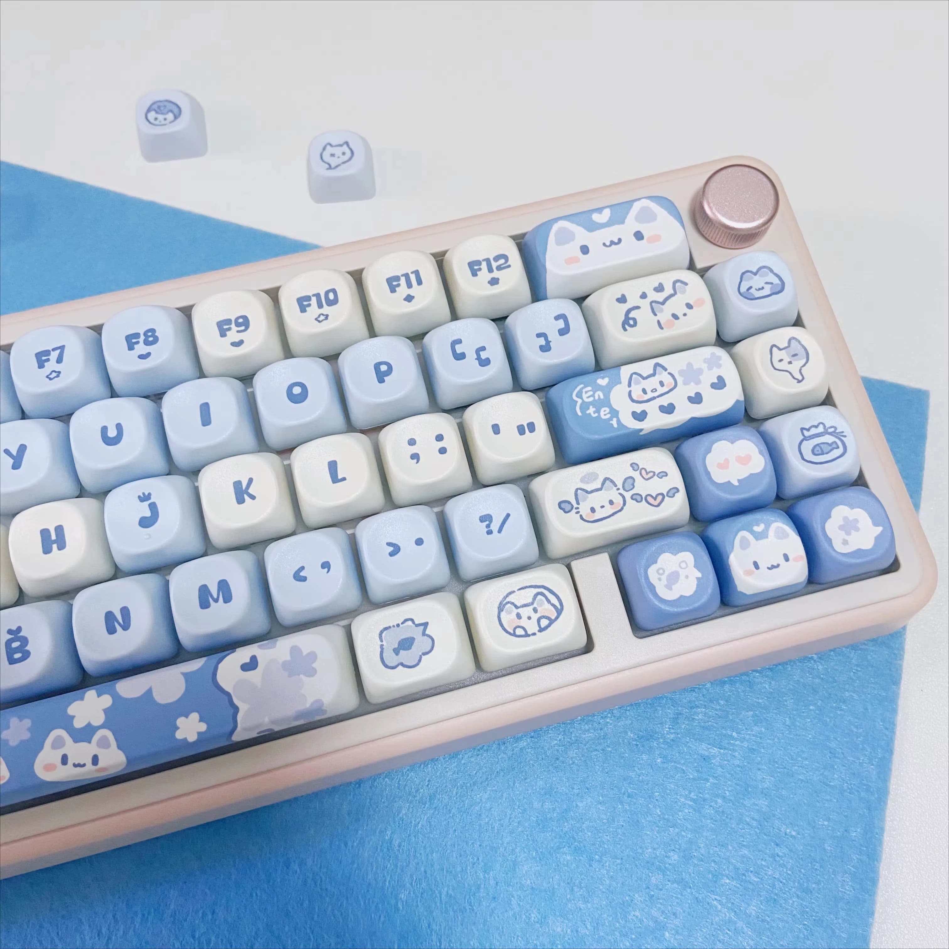 Complete Set of Keycaps PBT Cute Sea Salt Blue Cat, MOA Profile for Mechanical Keyboards 60% 75% TKL 96% 100%