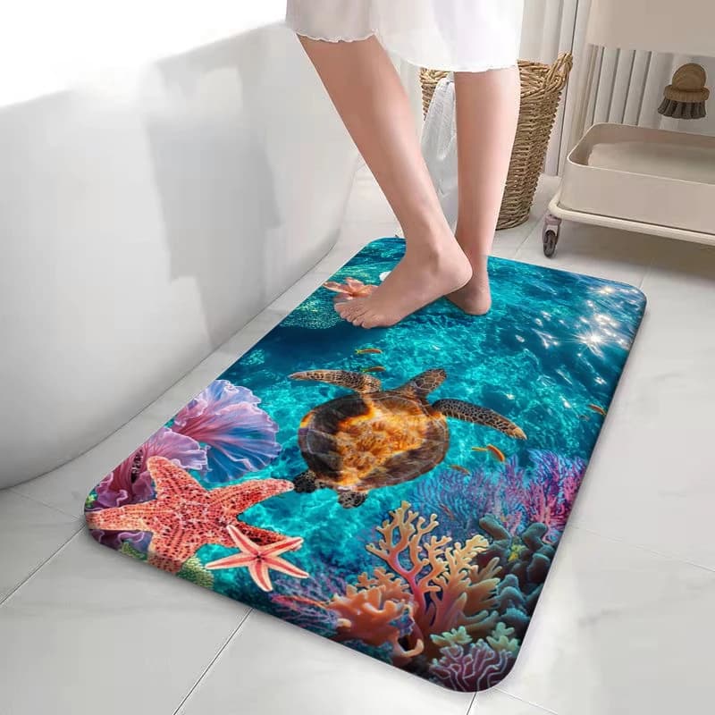 Seashell & Seahorse Bath Mat Ocean Theme Non-Slip Diatomite Floor Rug Quick Dry Anti-Skid Bathroom Door Mat
