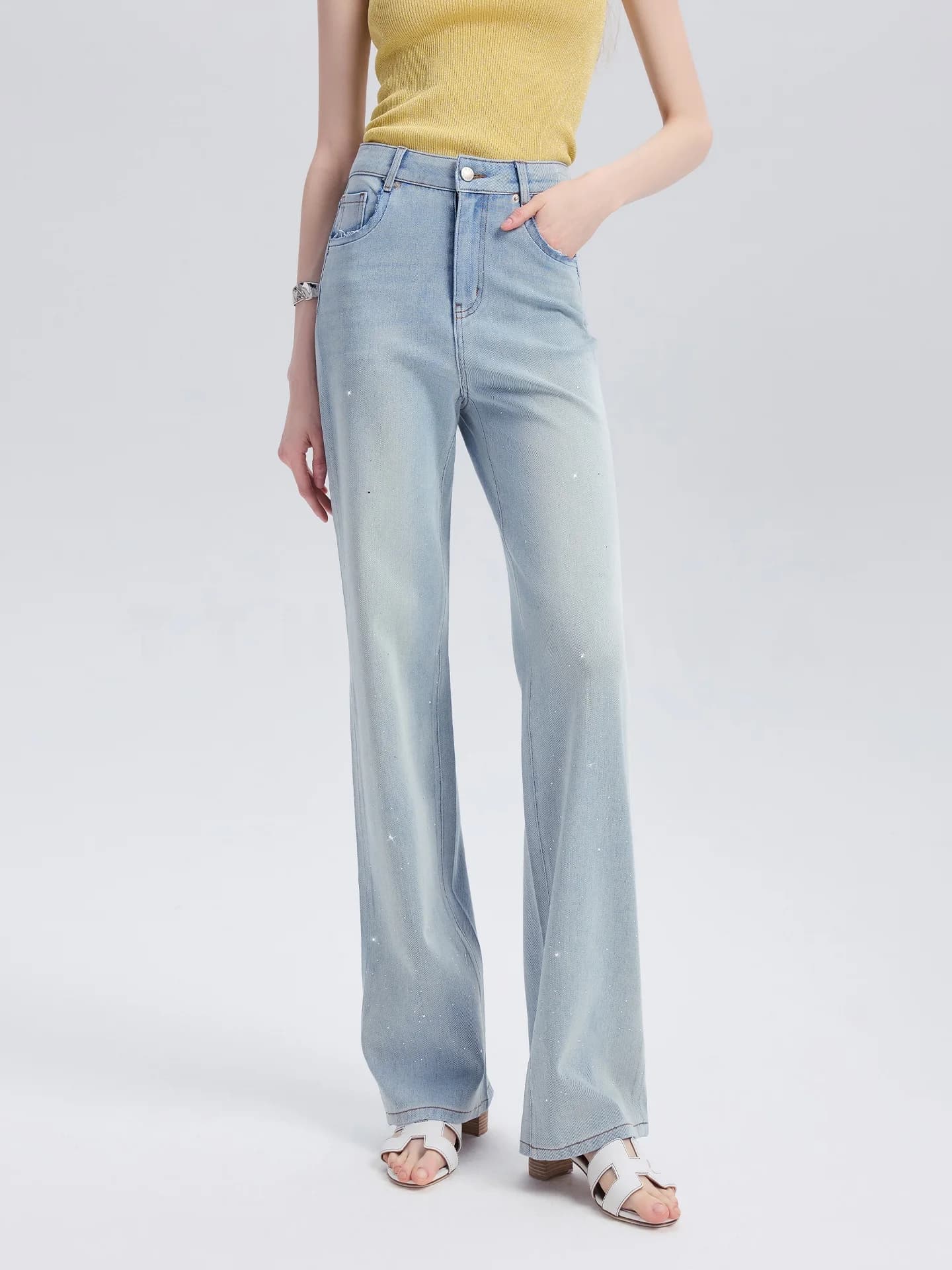 TTH WAWA Laisai Narrow Straight Diamond Jeans da donna blu a vita alta dimagrante primaverile nuovo stile confortevole e traspirante