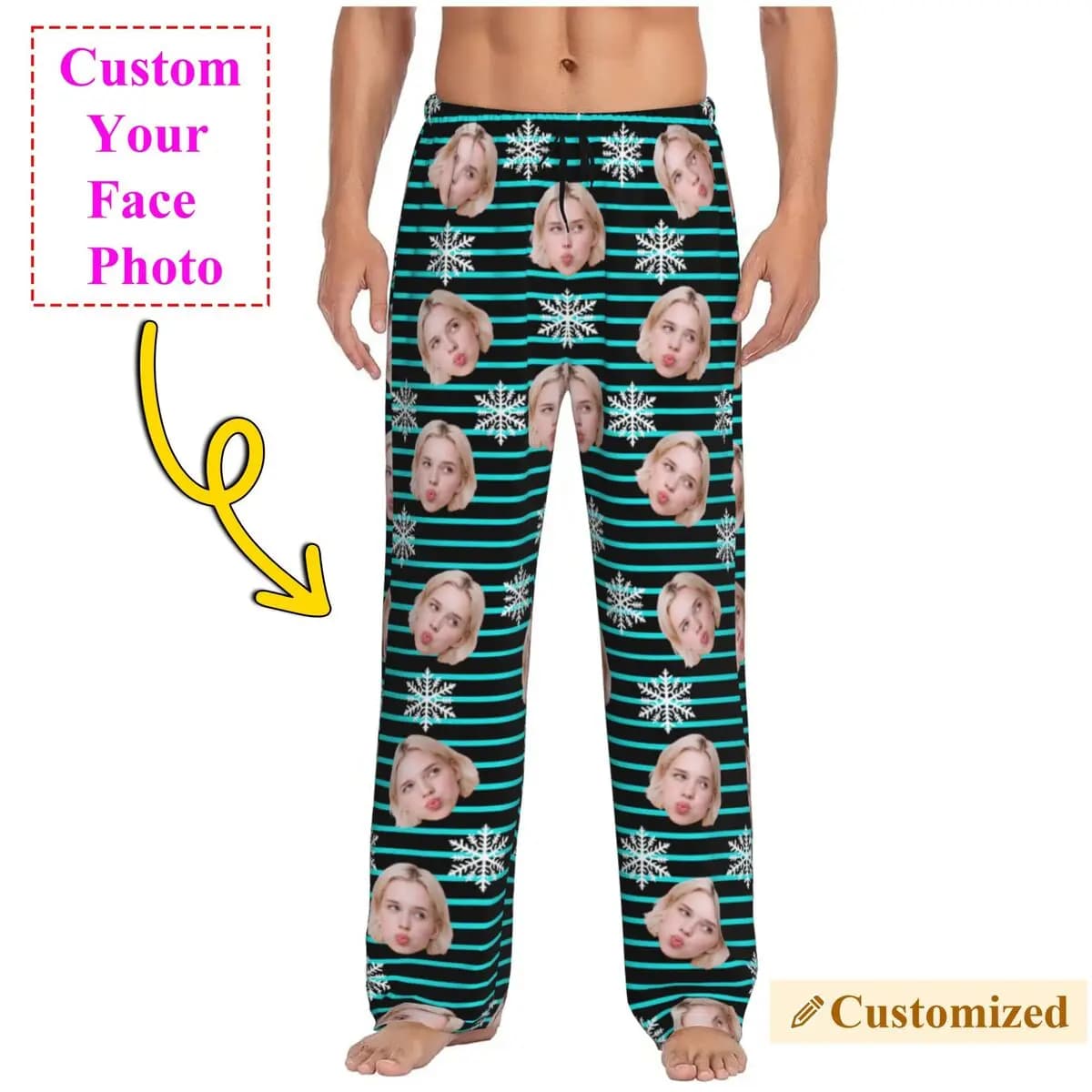 Pantaloni da pigiama personalizzati personalizzati con foto natalizie per uomo, pigiami da notte, pantaloni da notte elasticizzati con tasche