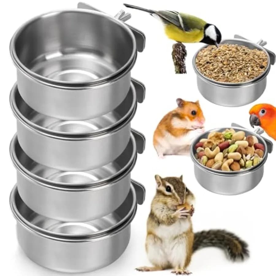 Confezione da 4 tazze per piatti per uccelli, ciotole staccabili per alimenti per uccelli in acciaio inossidabile con morsetto, ciotola per animali domestici sospesa per barbilla, pappagallo, gallo