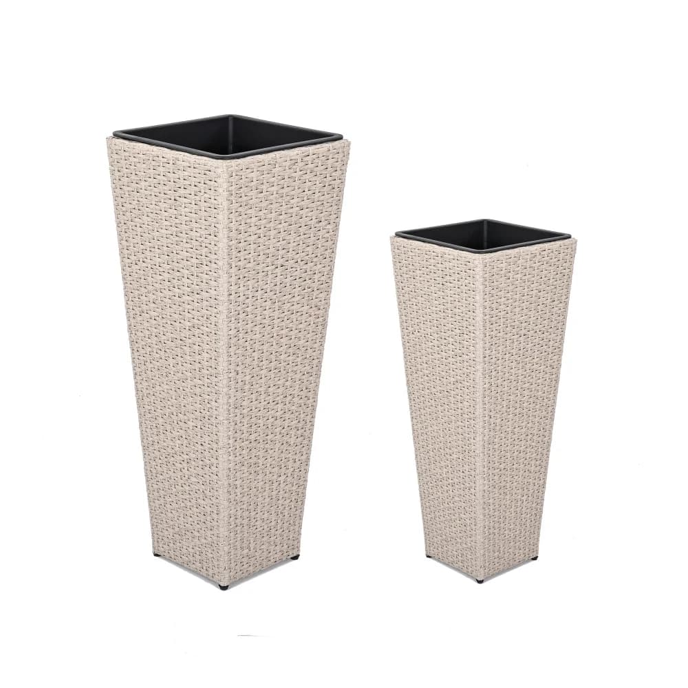 Set di 2 Fioriere in Vimini PE Beige, Vasi Decorativi da Esterno, Contenitori per Piante da Giardino e Patio