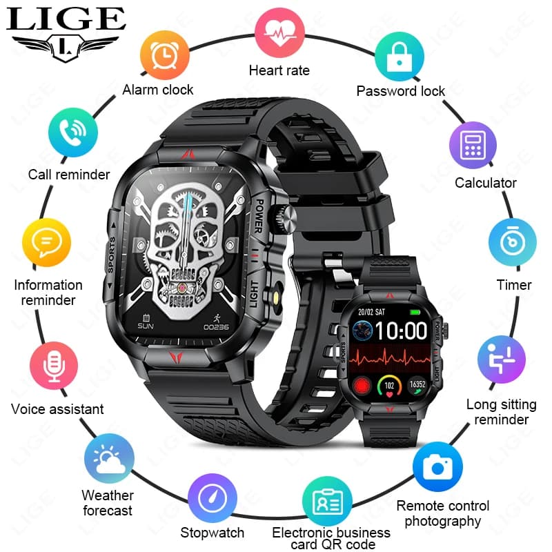 LIGE Smart Watch Torcia LED Orologi impermeabili da uomo Schermo HD da 2,01 pollici Bracciale per la salute Militare Sport all'aria aperta Smartwatch Uomo