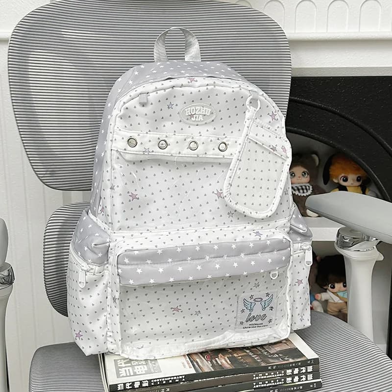 Highly stylish backpack for junior high school girls, large capacity, polka dot and star print backpack for high school students