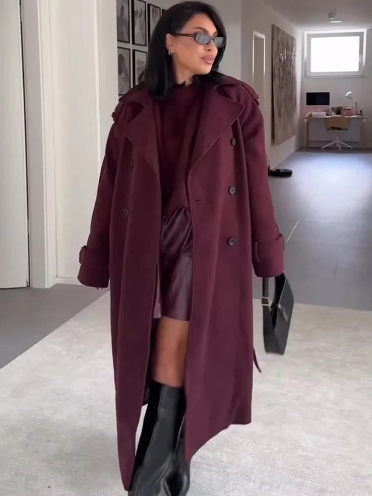 HH Cappotto lungo da donna elegante bordeaux con risvolto misto Giacca doppiopetto invernale moda con cintura Trench chic femminile