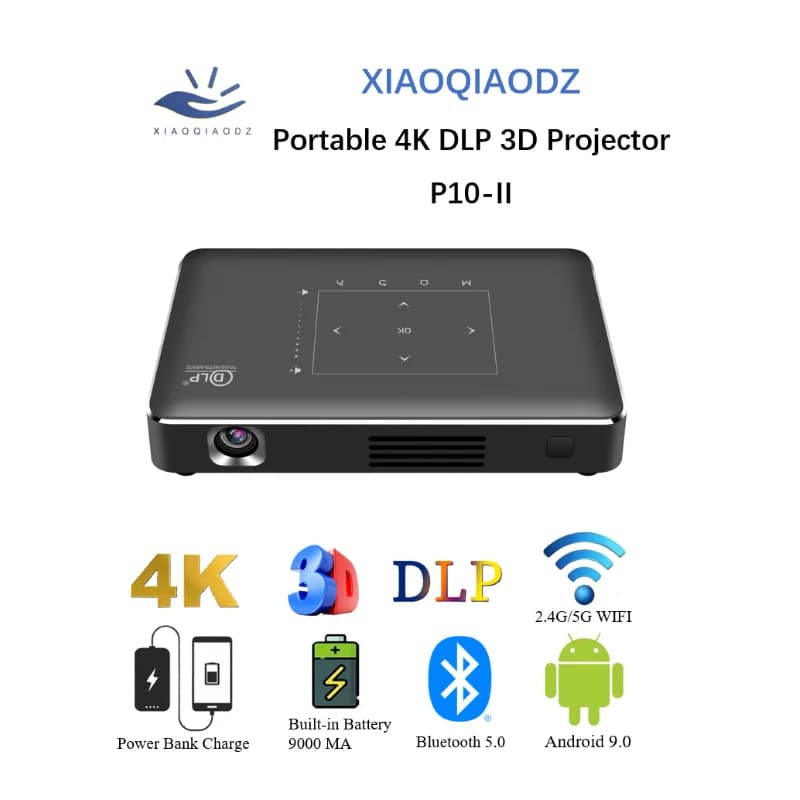 XIAOQIAODZ Proiettore 3D DLP 4K portatile P10-II USB 12V Mini Beamer Micro Android Batteria ricaricabile Tascabile Wifi Bluetooth Auto