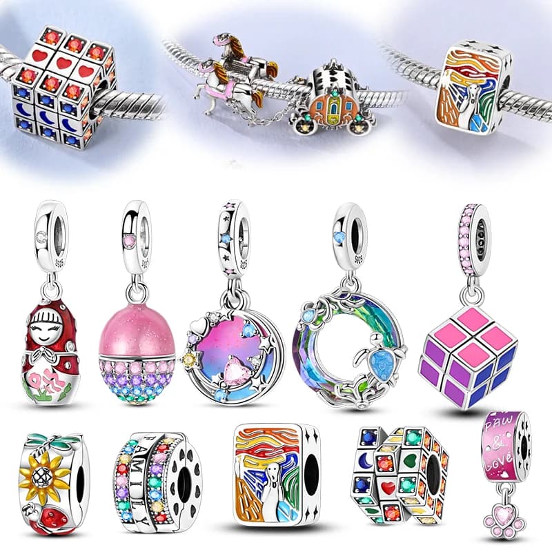 Charm per Bracciali Originali Fai da Te in Argento 925, Ciondoli Colorati a Forma di Gatto, Albero, Drago, Cubo Magico, Regalo di Gioielleria
