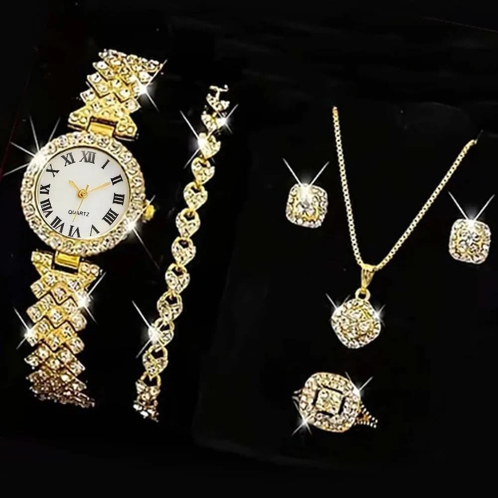 6PCS/Set Luxury Rhinestone Women Watches Fashion Roma Dial Quartz Watch Jewelry Set Reloj Mujer Girls Clock Gift（Without Box）