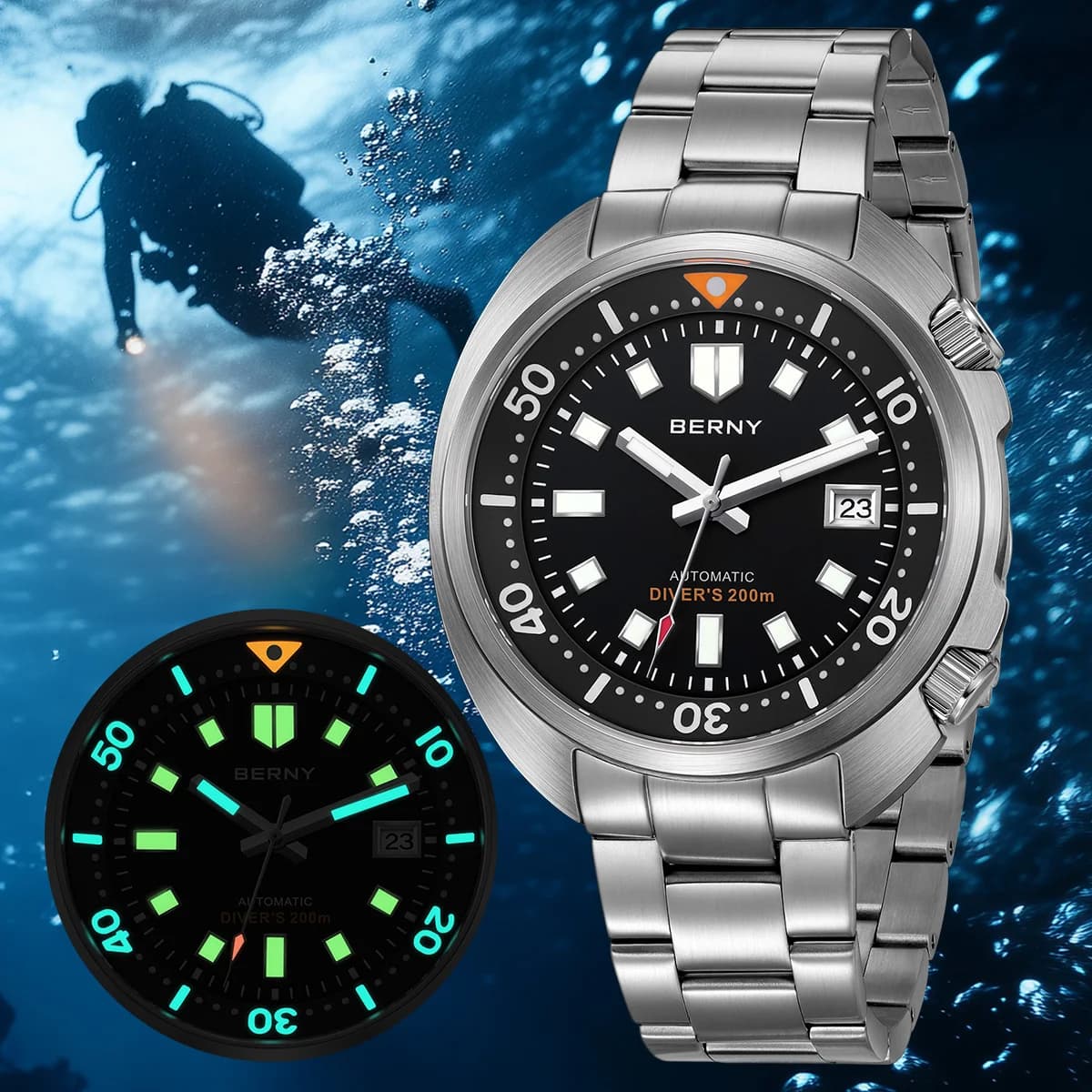 BERNY Orologio subacqueo automatico a doppia corona per uomo Super Luminous Miyota 8215 Sapphire Swim Sport 20ATM Orologio subacqueo meccanico da uomo