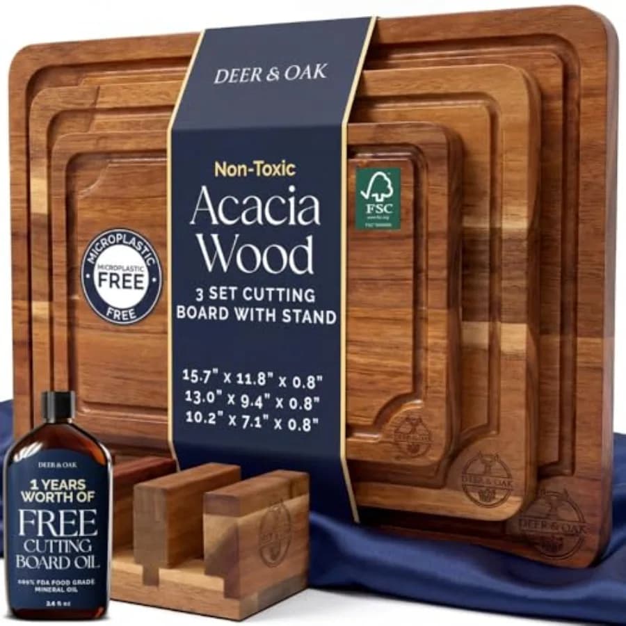 Set di 3 Taglieri in Acacia Pre-Oliati Non Tossici con Supporto, Certificati FSC, Include Choppin da 100 ml