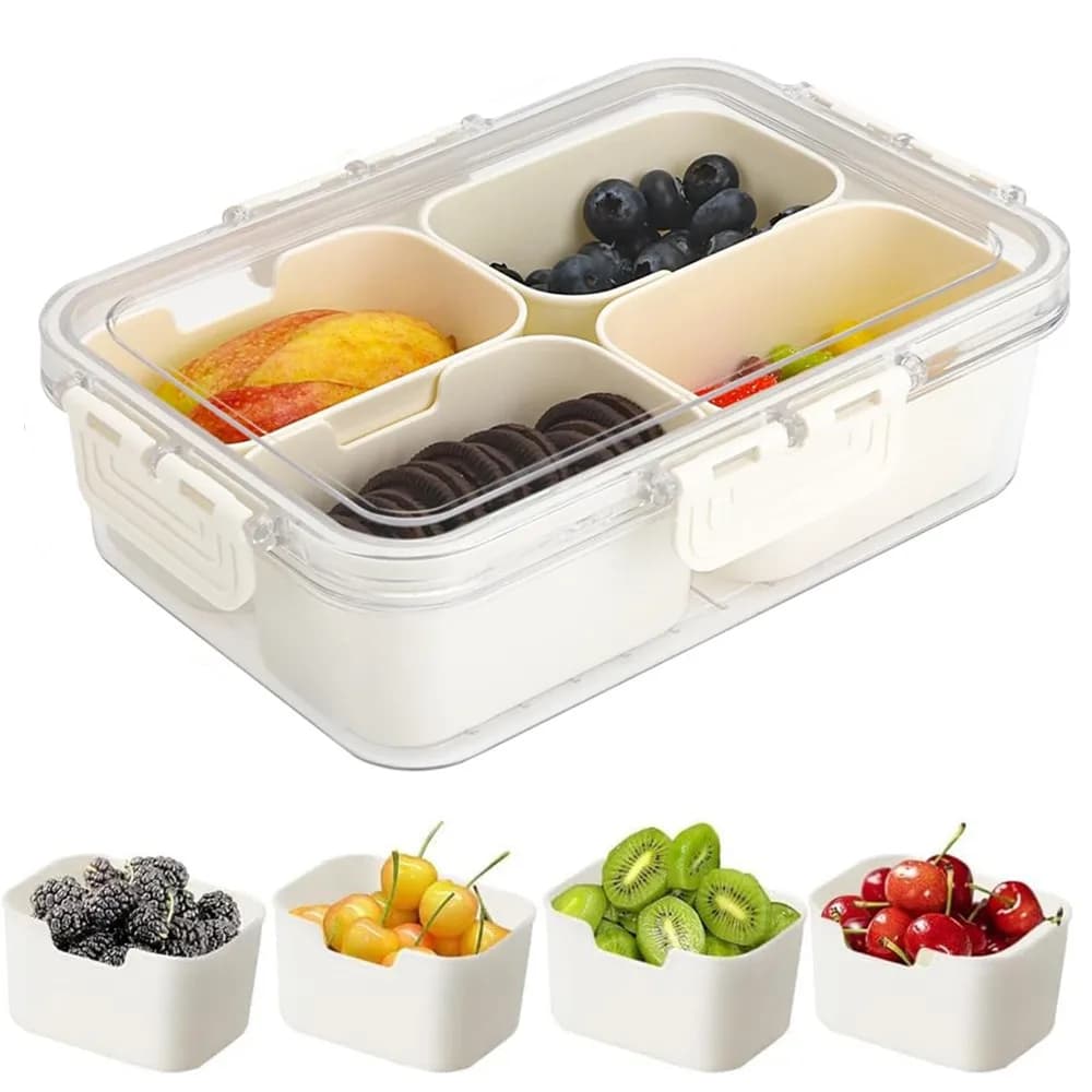 Portable food storage box, snack storage box, 4 compartments with lids, separate serving tray, kitchen snack box, fruit food con