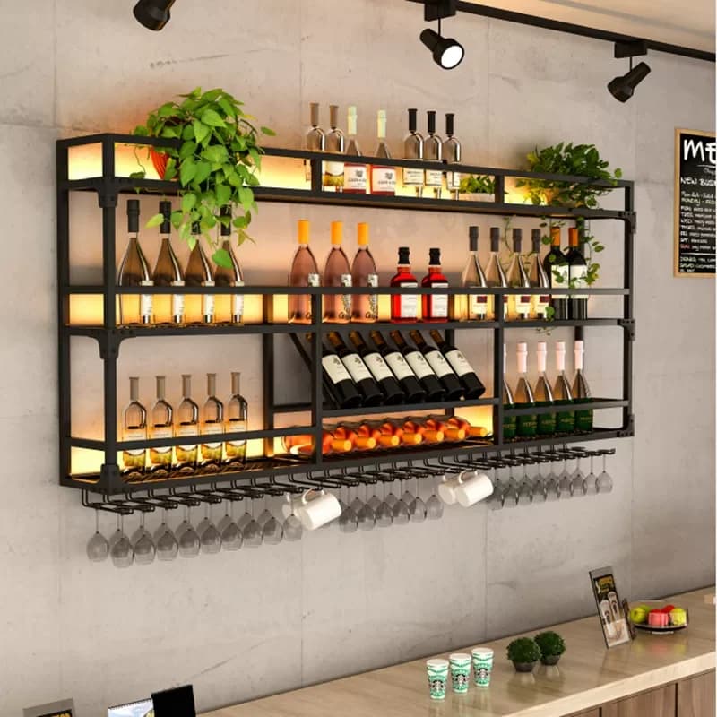 # Portabottiglie in ferro battuto prodotto in fabbrica, espositore da parete per bancone bar, espositore per bicchieri da vino, mobiletto da parete per vino rosso