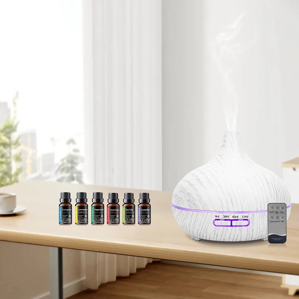 NUOVO Diffusore per Casa Diffusore di Oli Essenziali a Ultrasuoni con Telecomando 550ml Umidificatore Effetto Legno 6 Oli Spegnimento Automatico Ultra Silenzioso
