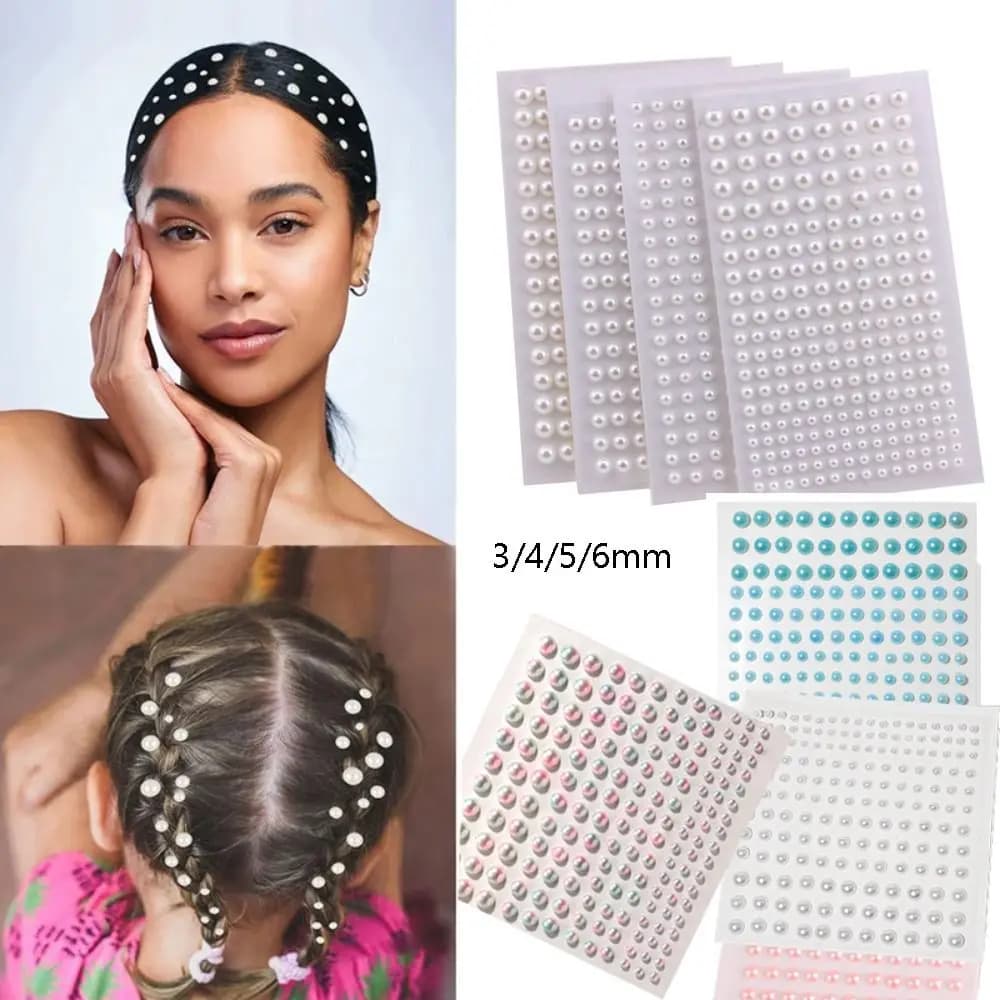 Perle Adesive per Capelli Mix 3mm/4mm/5mm/6mm, Adesivi con Perle Beige Bellissime per il Viso