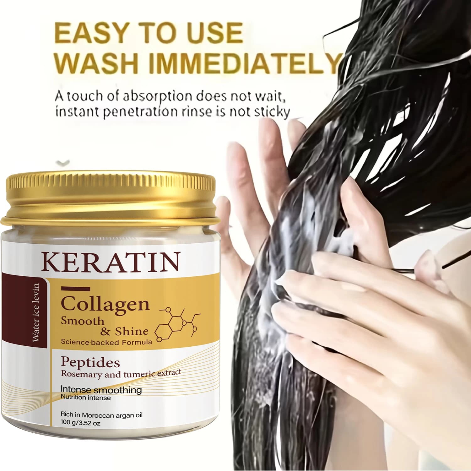 Smooth and brilliant effect hair mask. Collagen and Keratin Peptides Zenzero, Rosemary, Curcuma, Argan, Karité. Intense and Nutritional Repair. 100g.