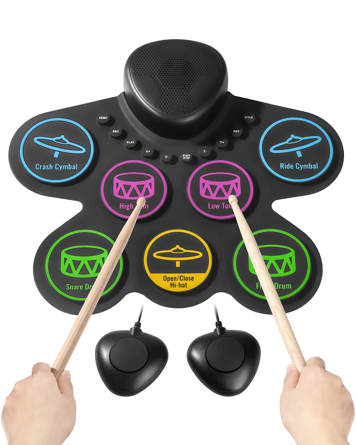 VEVOR Batteria Elettronica a 7 Pad, Pad per Esercizi Arrotolabile, Set di Batteria Elettronica con Jack per Cuffie, Altoparlante Integrato, Doppio Pedale, Strumento Giocattolo Portatile per Bambini