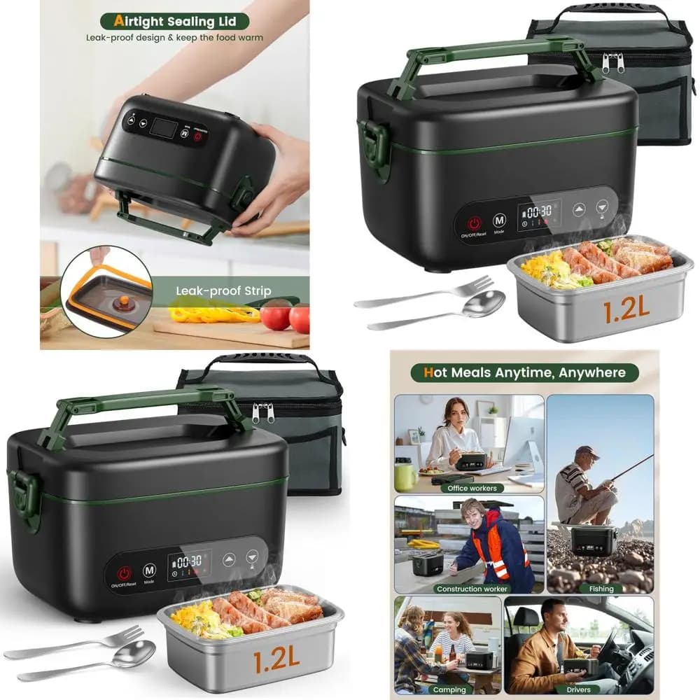 Lunch Box riscaldato elettrico portatile da 1,2 litri - 100 W, 24000 mAh ricaricabile, riscaldamento su 5 lati per esterni, ufficio