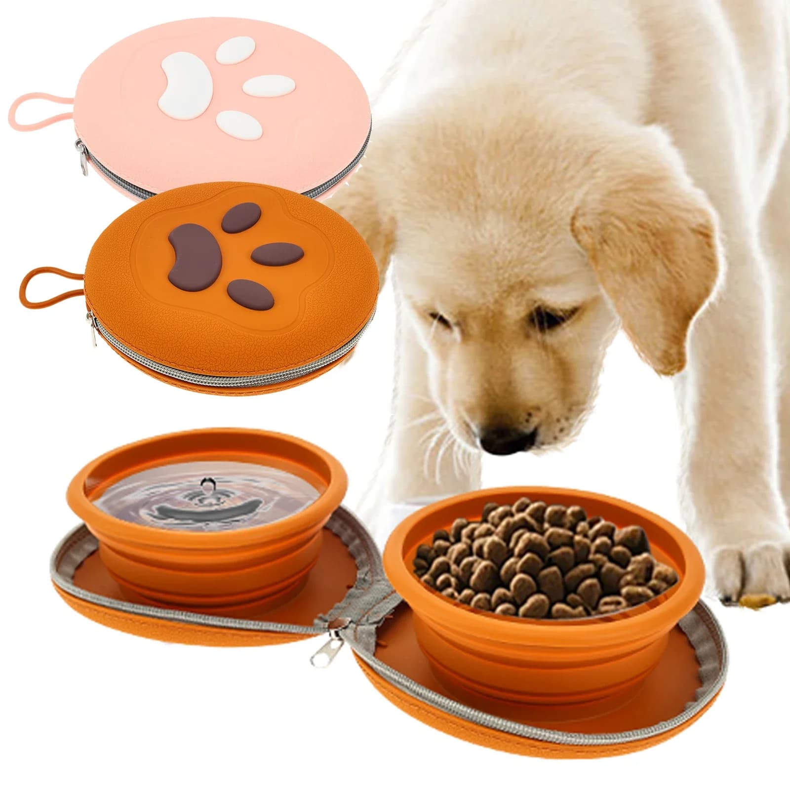 2 IN 1 Foldable Silicone Dog Bowl Portable Travel Pet Food Basin Double Feeding Drinking Bowl for Outdoor Training Accessories