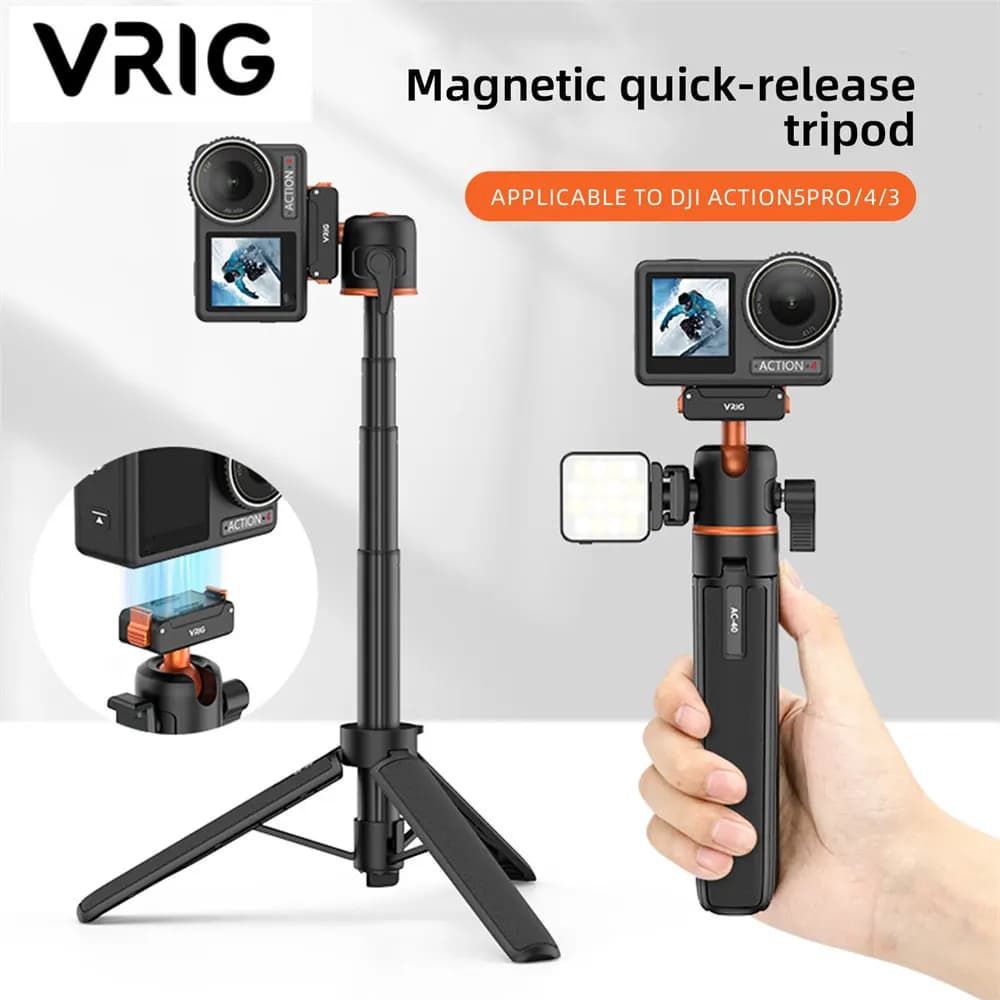 Treppiede magnetico VRIG per DJI Osmo Action 5 4 3 Supporto per selfie stick regolabile Accessori per action camera con testa a sfera 360 e ColdShoe