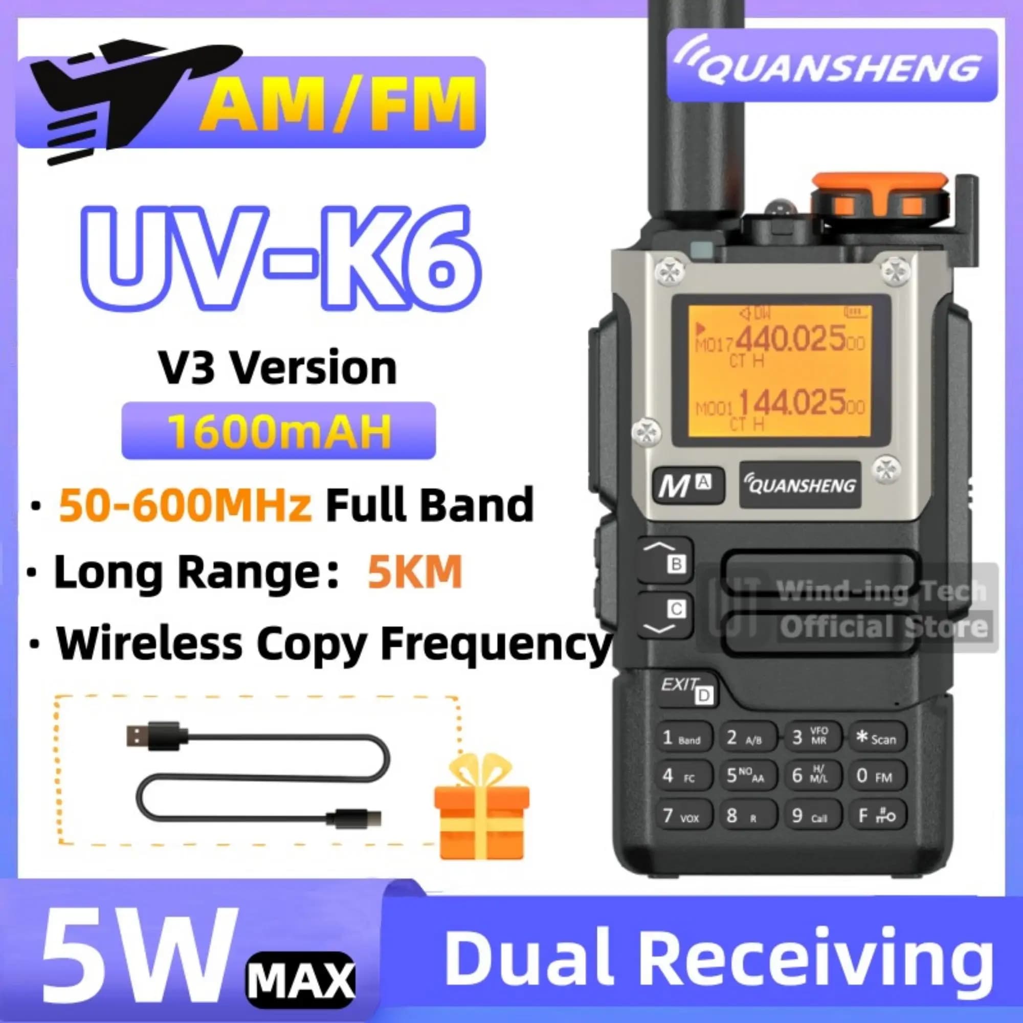 Ricetrasmettitore Quansheng UV-K6 5W, Radio Bidirezionale UV-K5(8) 50-600MHz, AM/FM, Ricarica Type-C, UHF VHF, Allarme Meteo NOAA, DTMF