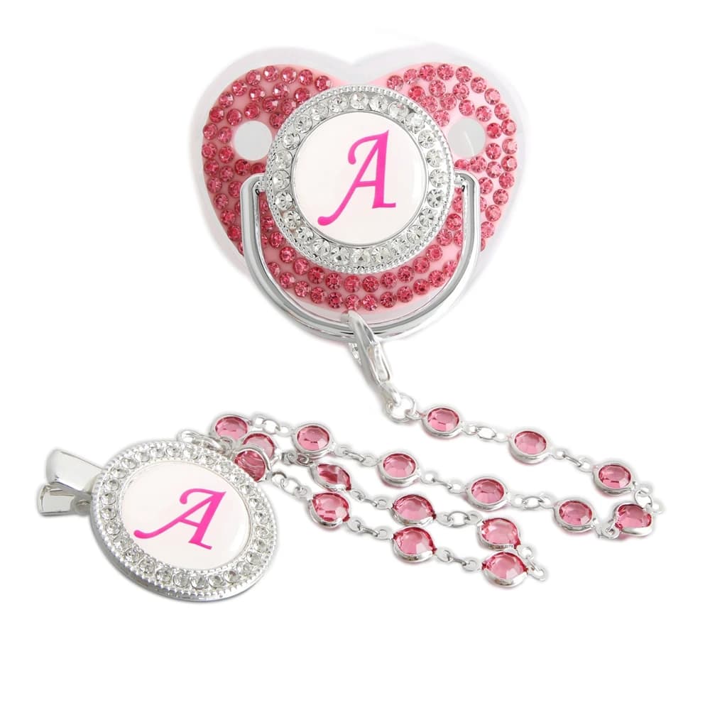 Ciuccio per bambini in argento rosa con 26 lettere iniziali con clip a catena con gemma