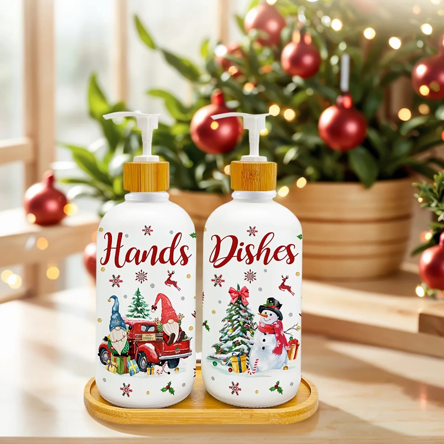 Set di 2 Dispenser di Sapone Natalizi, Decorazioni Natalizie per la Cucina, Dispenser di Sapone con Gnomi Natalizi e Vassoio per Decorazioni Interne