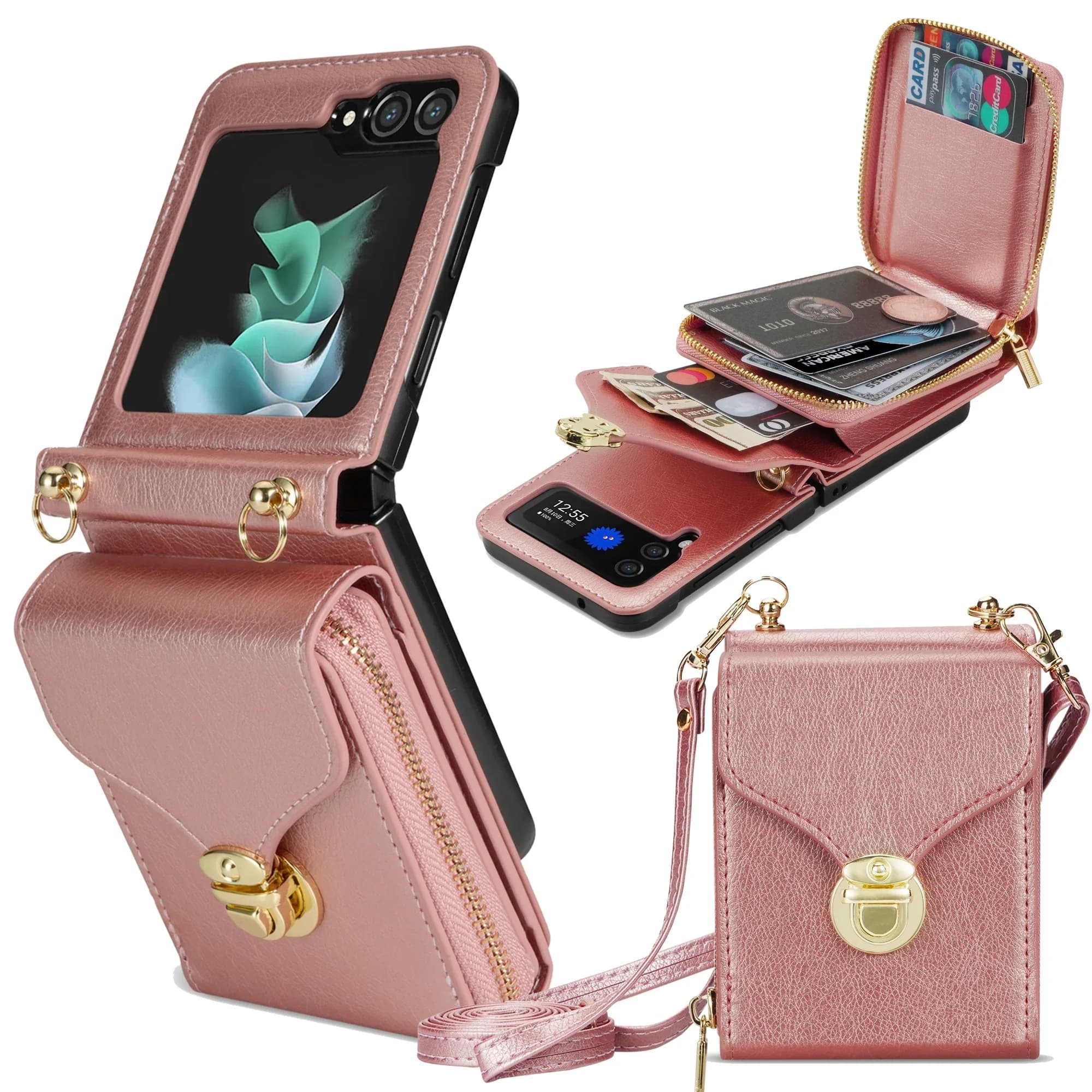 Custodia a portafoglio in pelle con tracolla per Samsung Galaxy Z Flip 7 FE 6 5 4 3 5G Flip6 Flip7 Custodia con porta carte con cerniera lunga con cordino